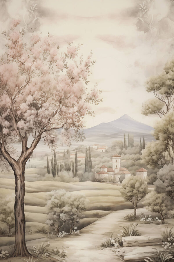 Schilderij van een landschap met bomen en een gebouw Schilderij van een landschap met bomen en een gebouw