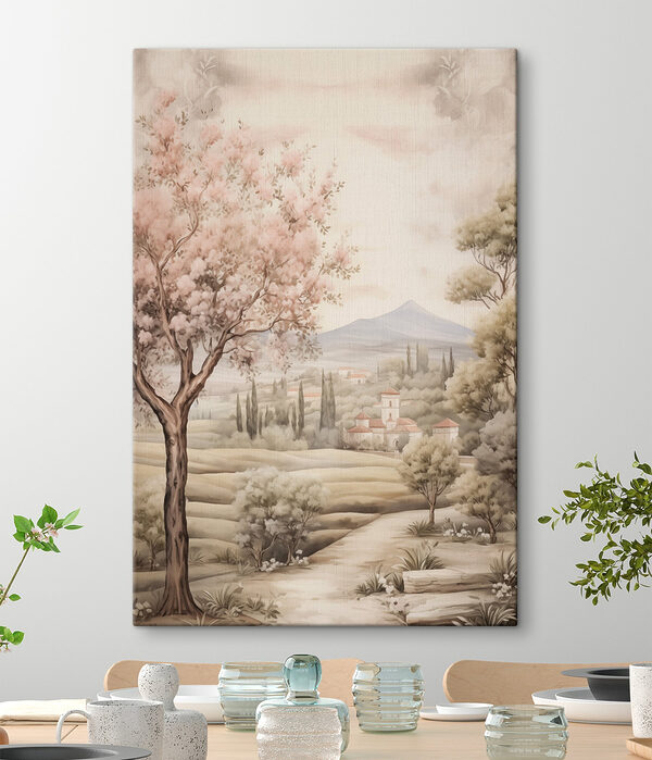 Schilderij van een landschap met bomen en een gebouw Schilderij van een landschap met bomen en een gebouw