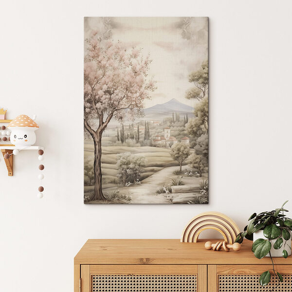 Schilderij van een landschap met bomen en een gebouw Schilderij van een landschap met bomen en een gebouw