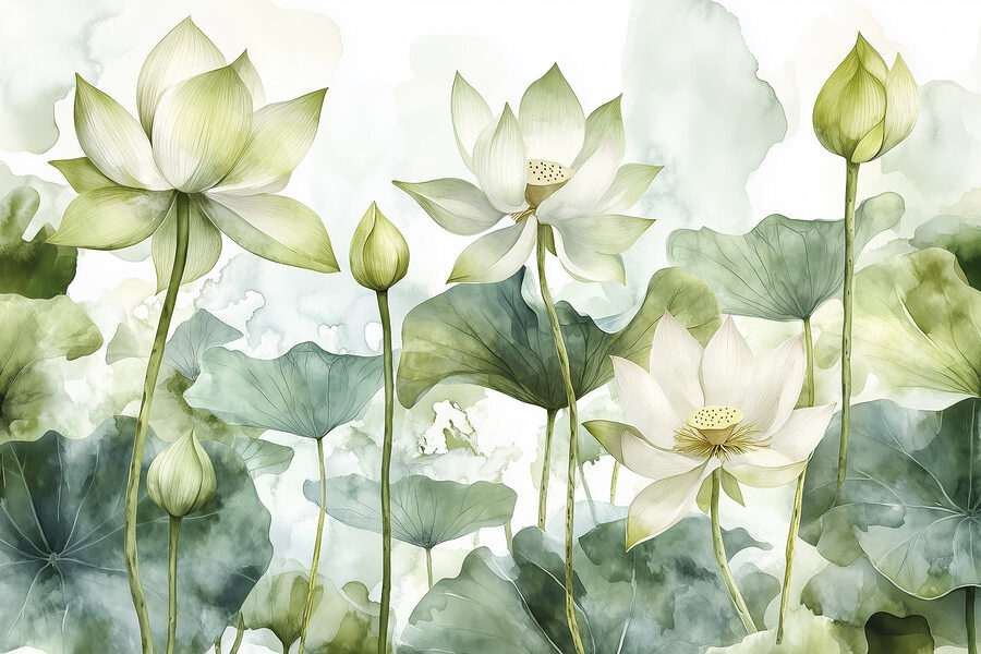 Painting of white flowers and green leaves Painting of white flowers and green leaves