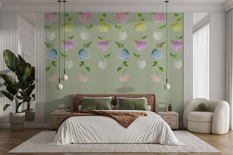 Rij bloemen met groene bladeren