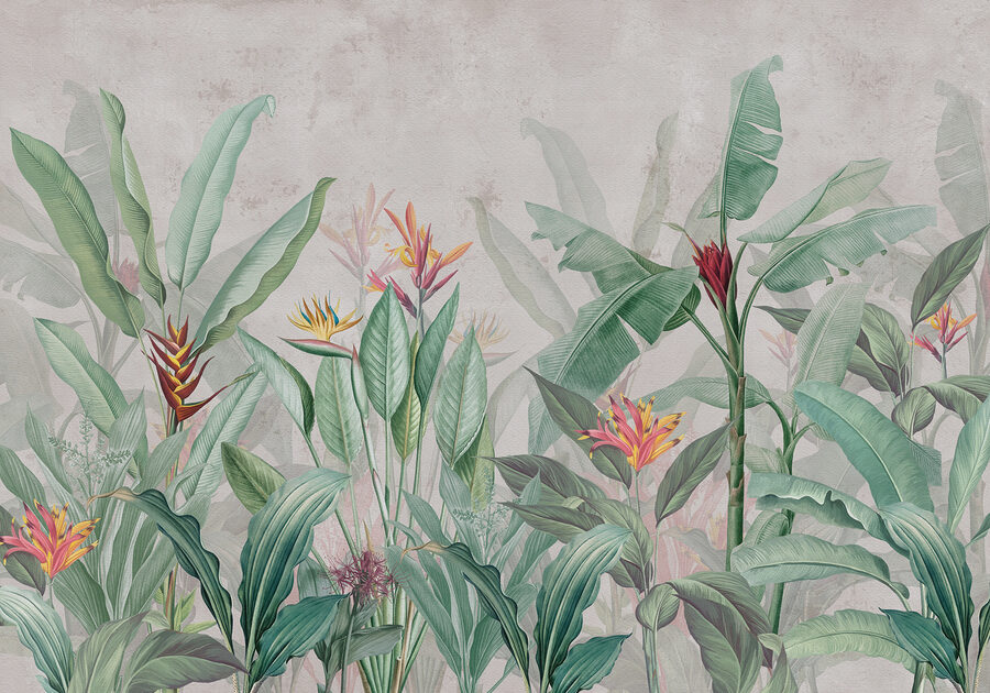 Behang met een patroon van bloemen en bladeren