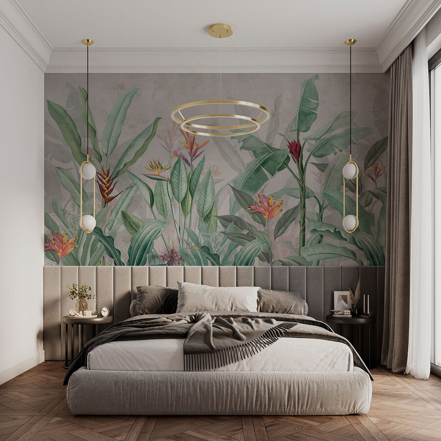 Behang met een patroon van bloemen en bladeren