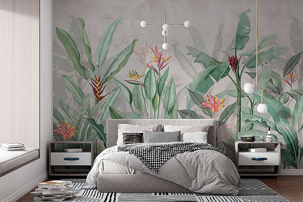 Behang met een patroon van bloemen en bladeren Behang met een patroon van bloemen en bladeren