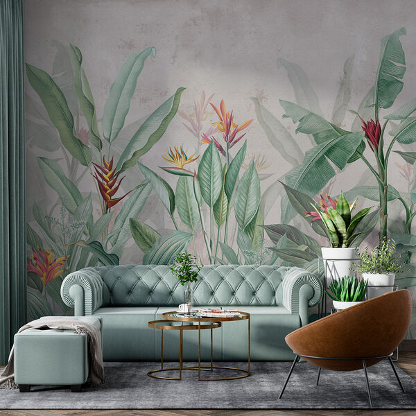 Behang met een patroon van bloemen en bladeren Behang met een patroon van bloemen en bladeren
