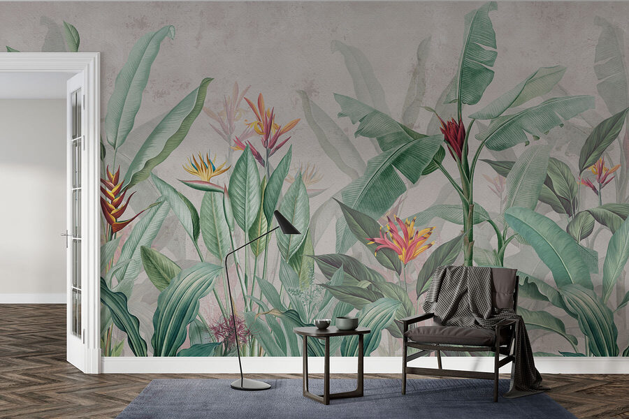 Behang met een patroon van bloemen en bladeren