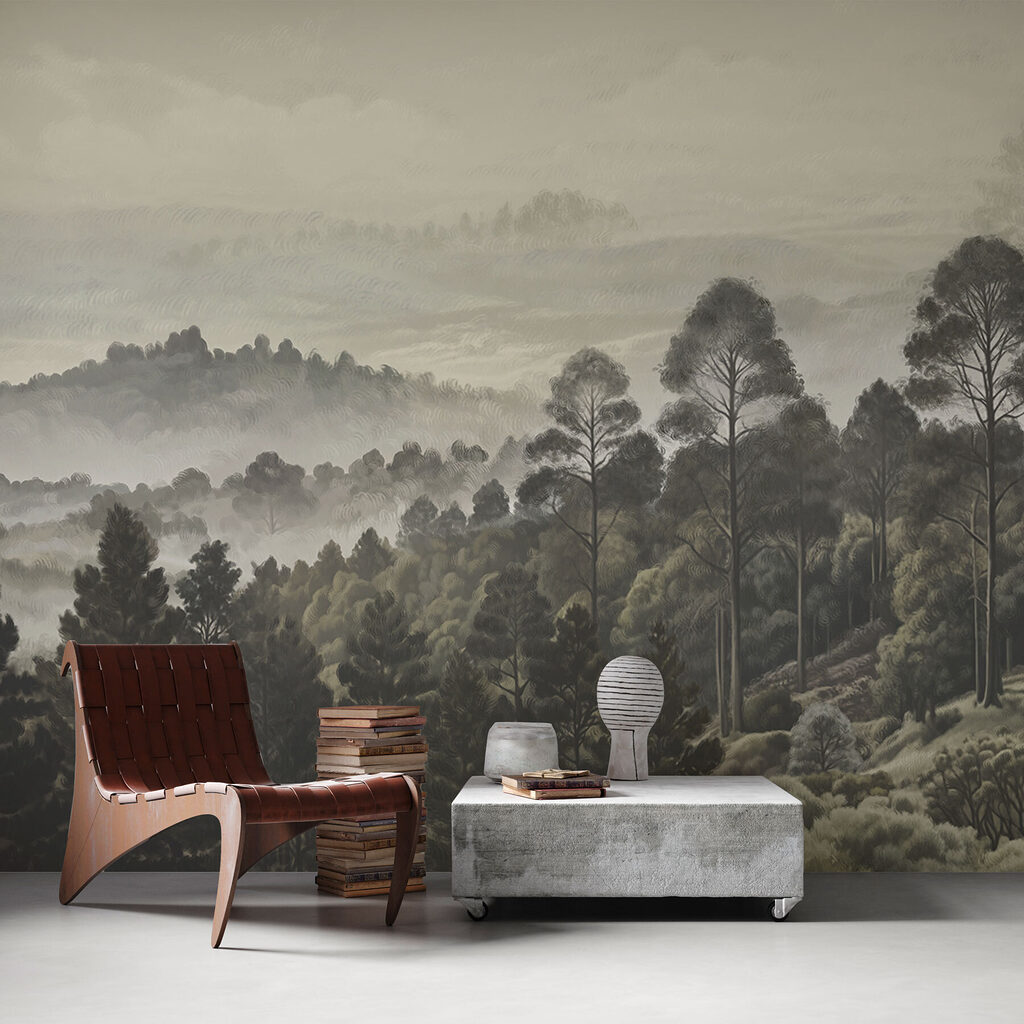 Landscape of trees and fog