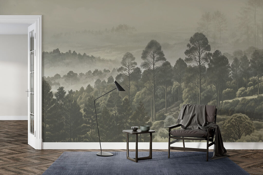 Landscape of trees and fog