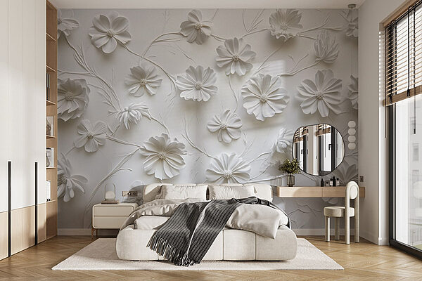 Witte papieren bloemen op een wit oppervlak Fotobehang Witte papieren bloemen op een wit oppervlak