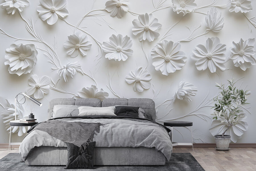 Witte papieren bloemen op een wit oppervlak