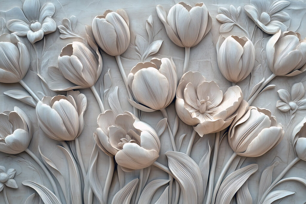 Snijwerk van witte bloemen op een muur Snijwerk van witte bloemen op een muur