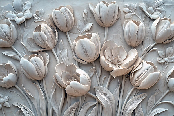 Snijwerk van witte bloemen op een muur Snijwerk van witte bloemen op een muur