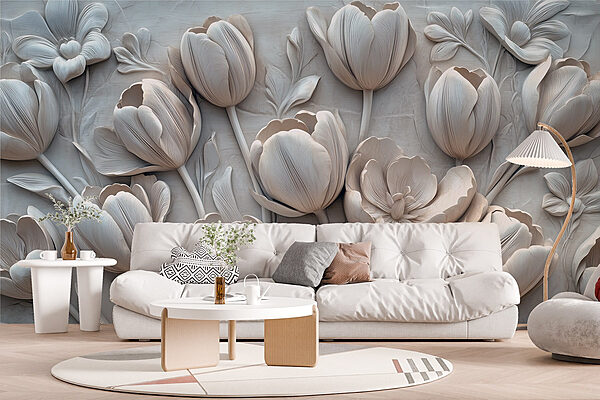 Snijwerk van witte bloemen op een muur Snijwerk van witte bloemen op een muur