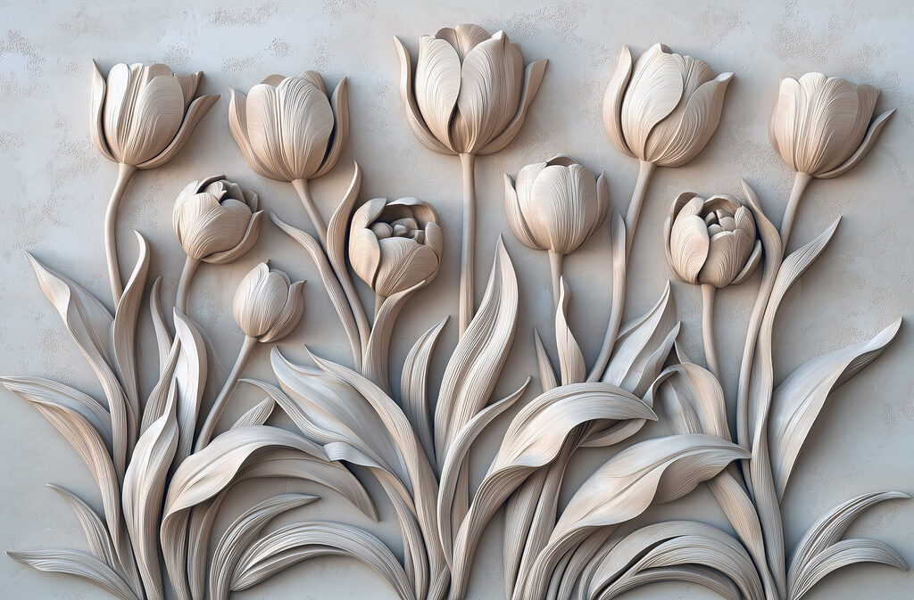 Snijwerk van witte bloemen op een muur Snijwerk van witte bloemen op een muur