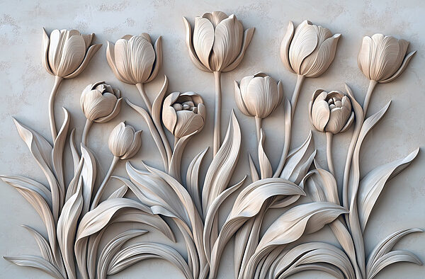 Snijwerk van witte bloemen op een muur Snijwerk van witte bloemen op een muur
