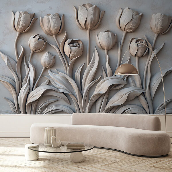 Snijwerk van witte bloemen op een muur Snijwerk van witte bloemen op een muur