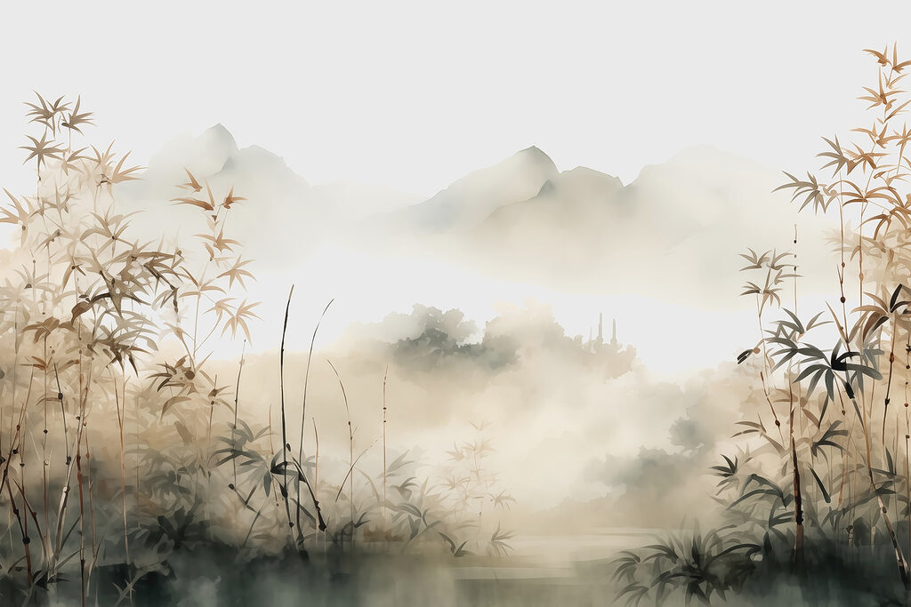 Schilderij van een landschap met planten en mist Schilderij van een landschap met planten en mist