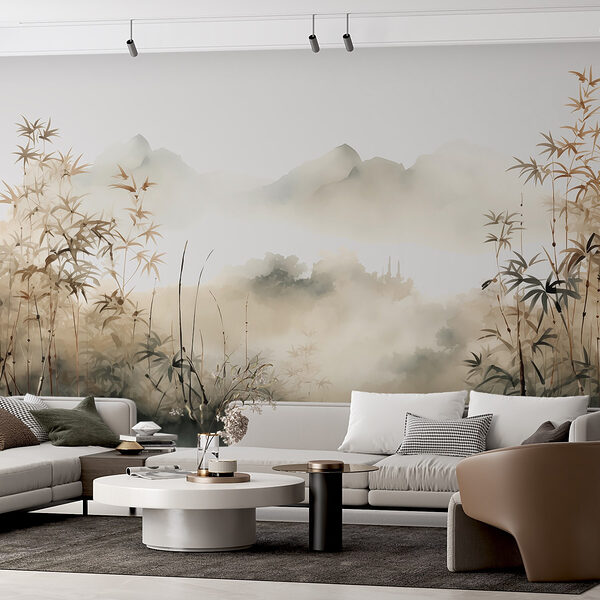 Schilderij van een landschap met planten en mist Schilderij van een landschap met planten en mist