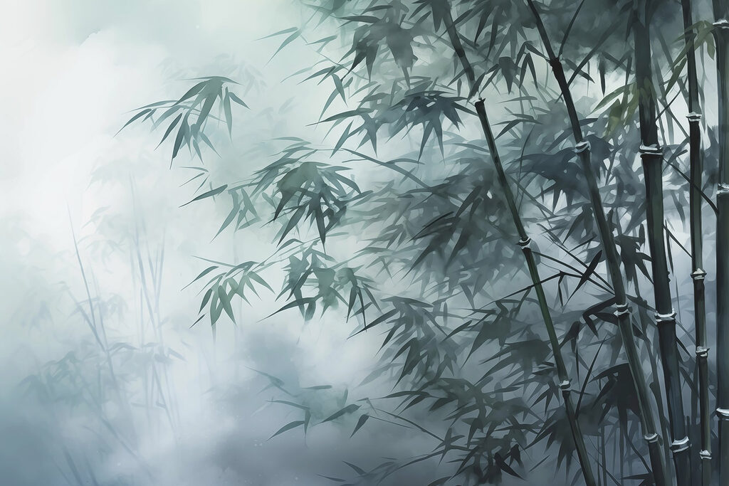 Bamboebomen in de mist Bamboebomen in de mist