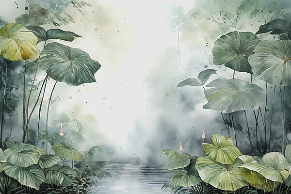 Schilderij van een vijver met planten en water Schilderij van een vijver met planten en water
