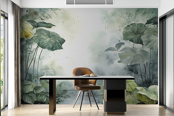 Schilderij van een vijver met planten en water Schilderij van een vijver met planten en water