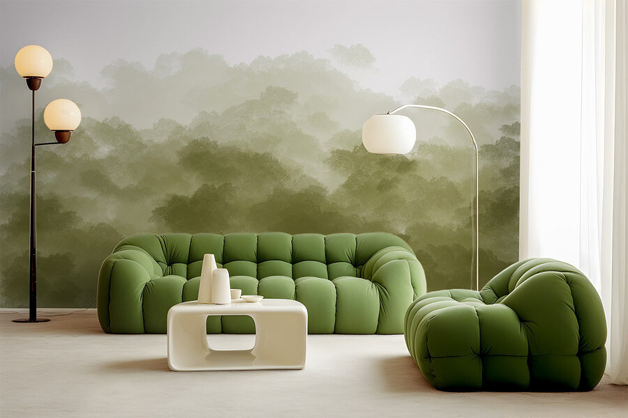 Mistig bos met groene rook