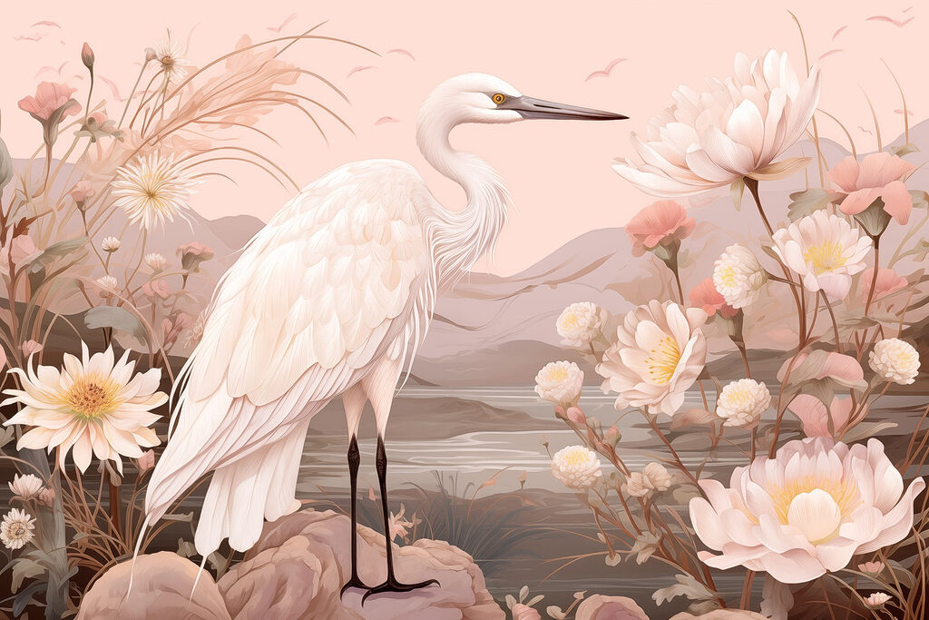 Witte vogel op rotsen omringd door bloemen Witte vogel op rotsen omringd door bloemen
