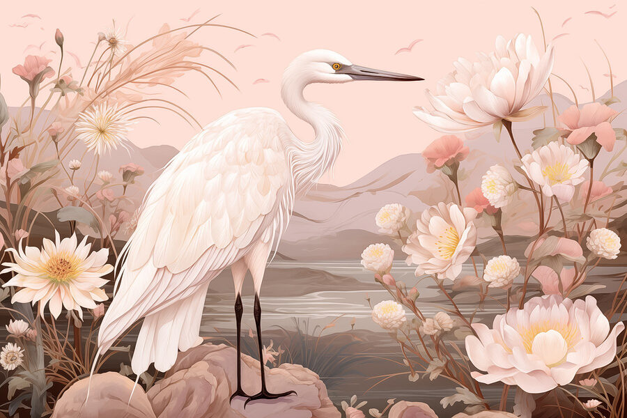 Fotobehang Witte vogel op rotsen omringd door bloemen - Afbeelding 5