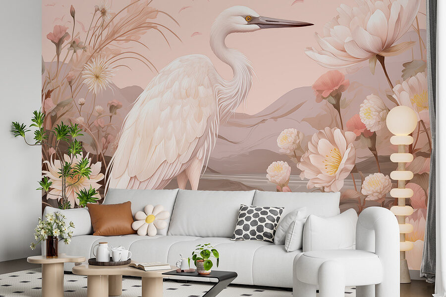 Fotobehang Witte vogel op rotsen omringd door bloemen - Afbeelding 2