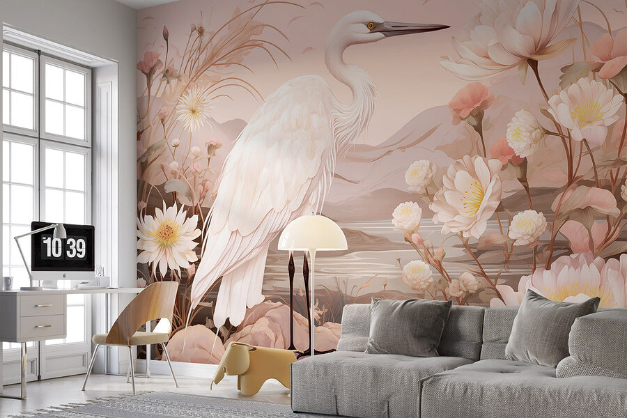 Fotobehang Witte vogel op rotsen omringd door bloemen - Afbeelding 3