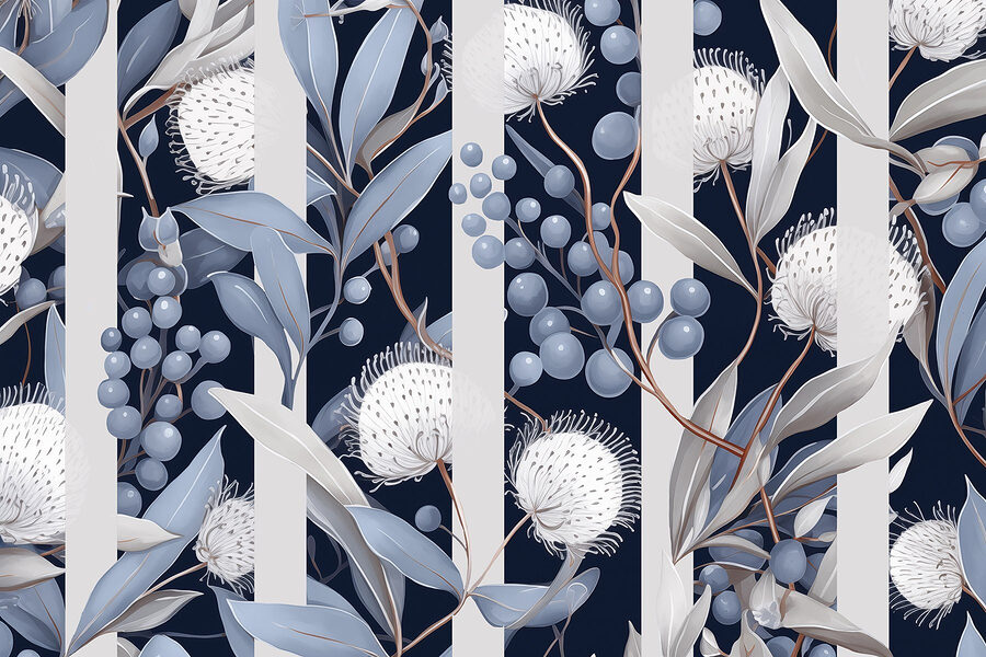 Bloemenpatroon met blauwe en witte bloemen en bladeren