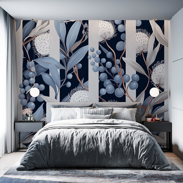 Bloemenpatroon met blauwe en witte bloemen en bladeren Bloemenpatroon met blauwe en witte bloemen en bladeren