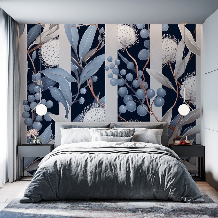 Bloemenpatroon met blauwe en witte bloemen en bladeren