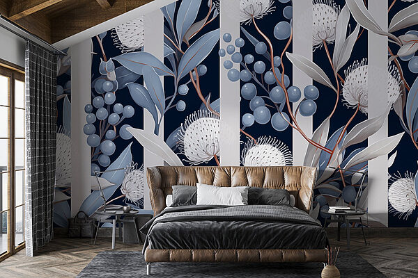 Bloemenpatroon met blauwe en witte bloemen en bladeren Bloemenpatroon met blauwe en witte bloemen en bladeren