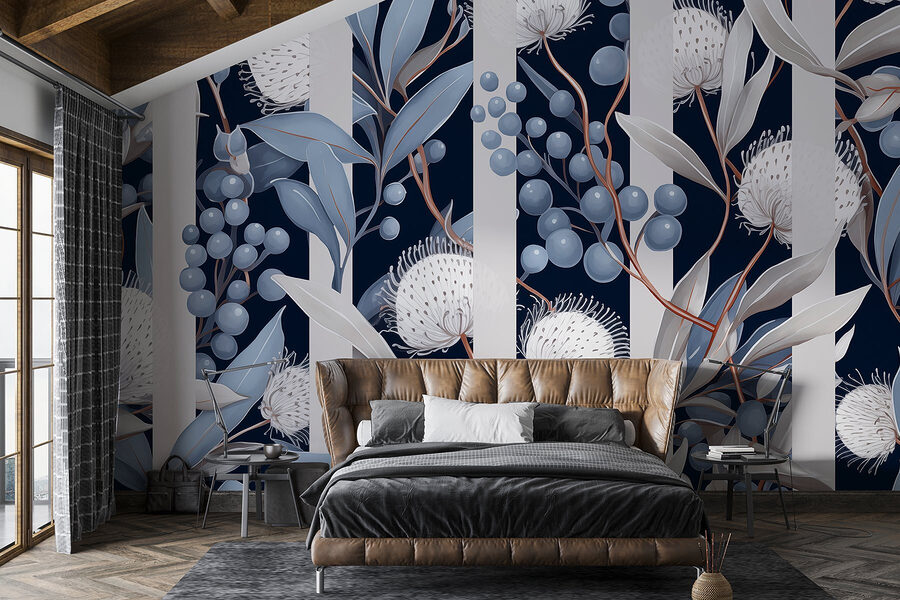 Bloemenpatroon met blauwe en witte bloemen en bladeren