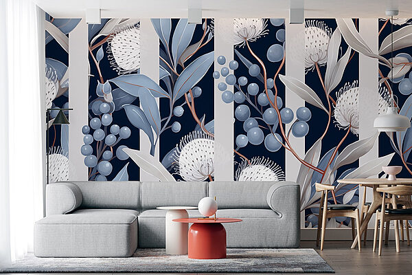 Bloemenpatroon met blauwe en witte bloemen en bladeren Bloemenpatroon met blauwe en witte bloemen en bladeren