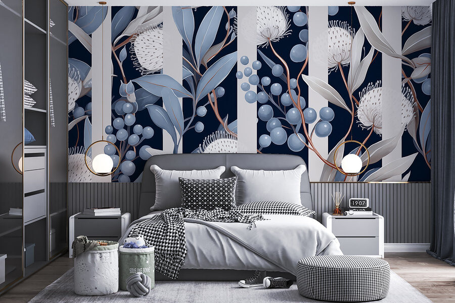 Bloemenpatroon met blauwe en witte bloemen en bladeren