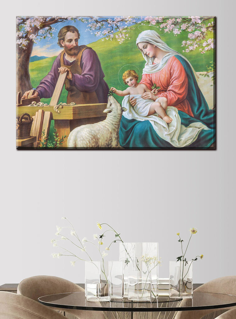 Painting of a man and woman holding a baby