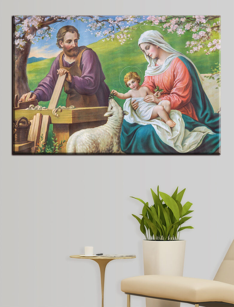 Painting of a man and woman holding a baby