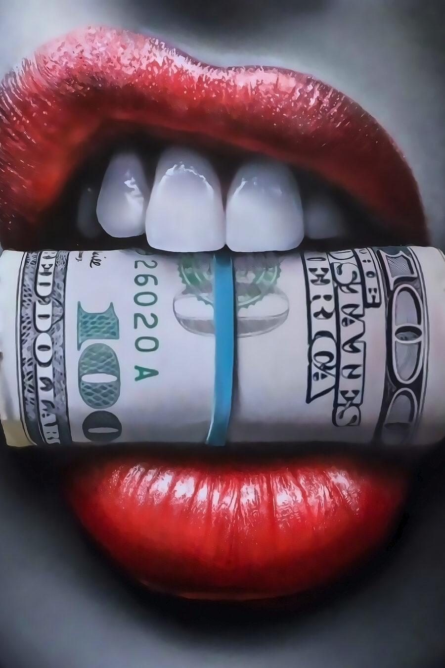 Close-up van een vrouw’s mond met een opgerold dollarbiljet