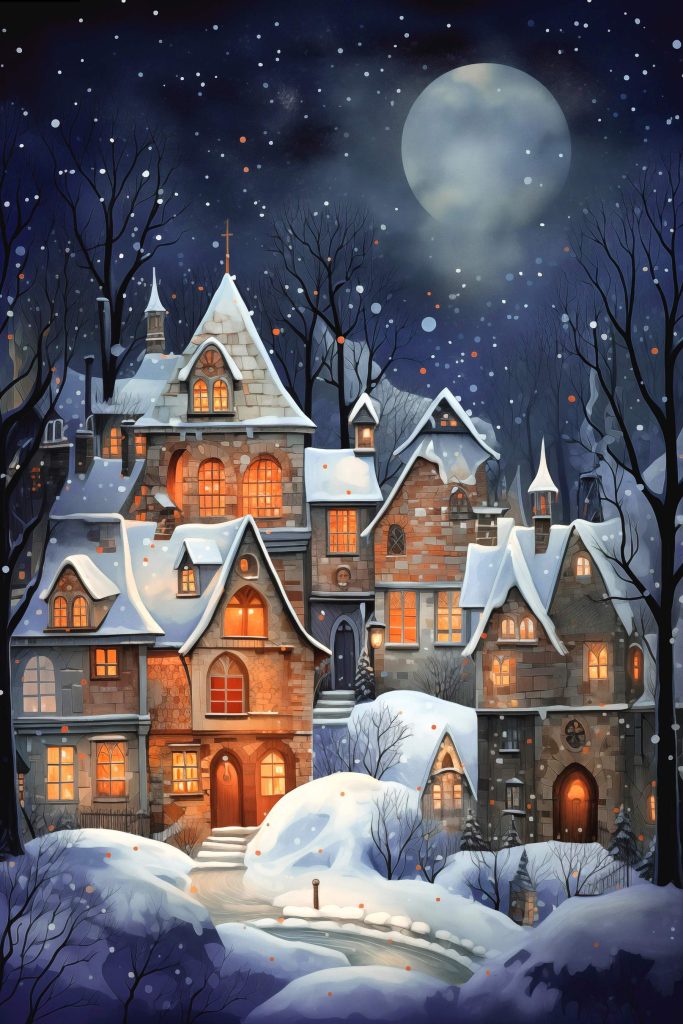 Snow covered houses in a snowy forest