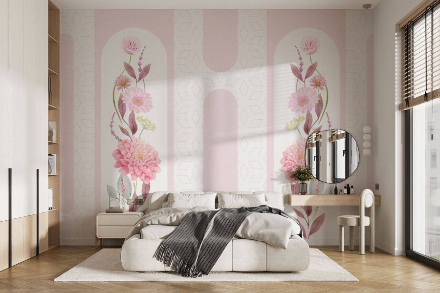 Roze bloemen en bladeren op een witte achtergrond