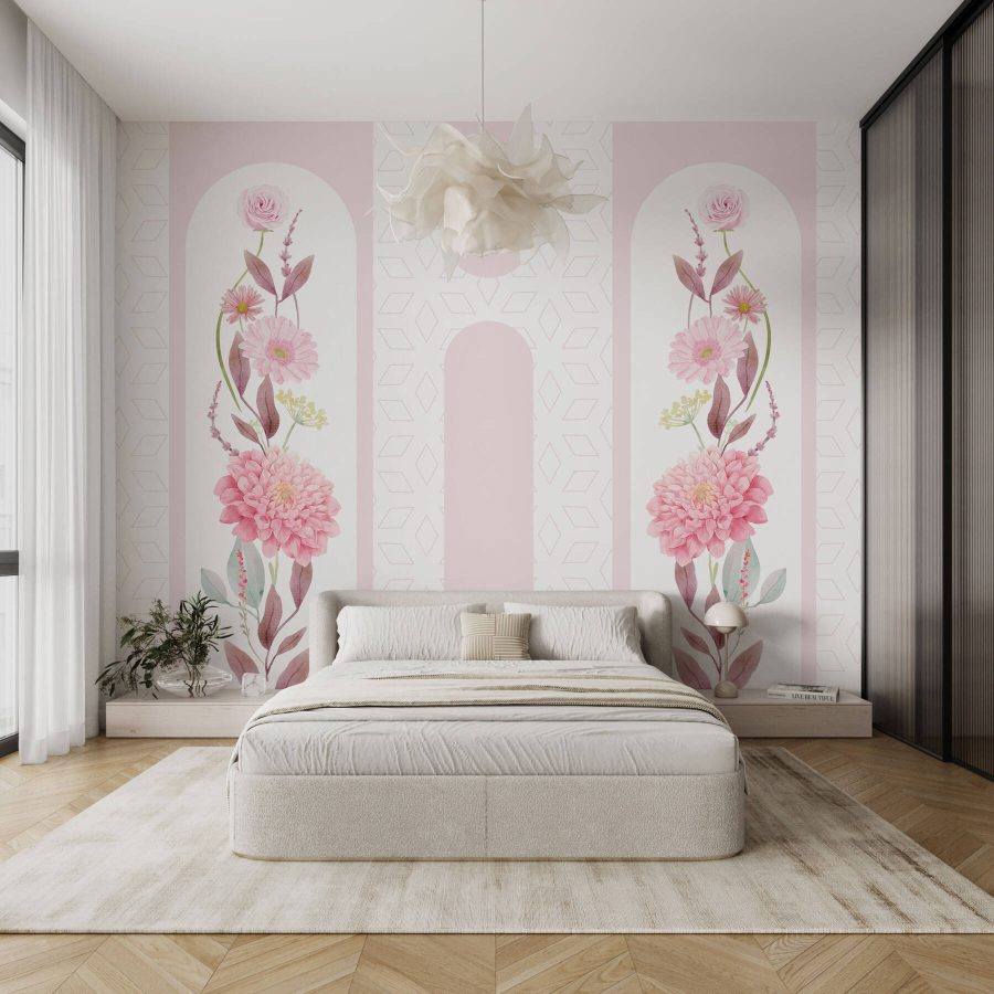 Roze bloemen en bladeren op een witte achtergrond