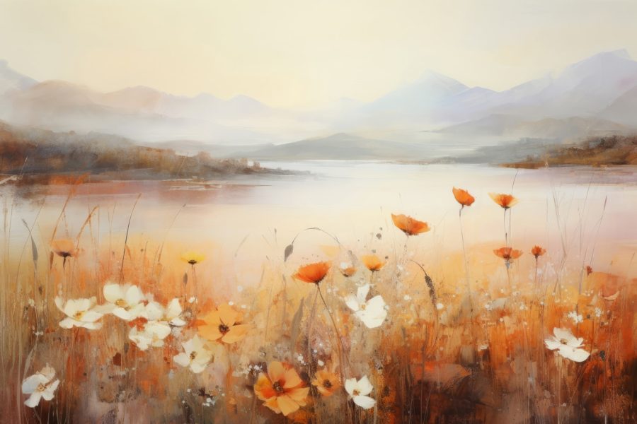 Schilderij van bloemen bij een meer