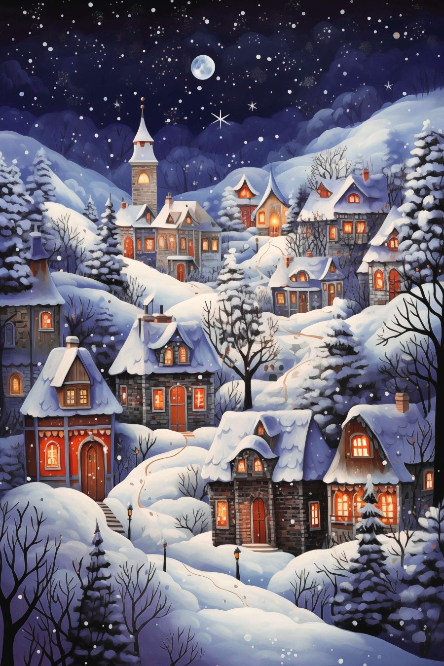 Schilderij van een besneeuwd dorp