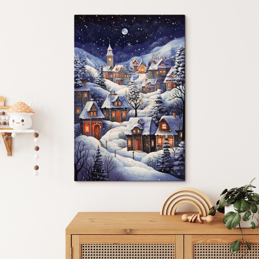 Schilderij van een besneeuwd dorp