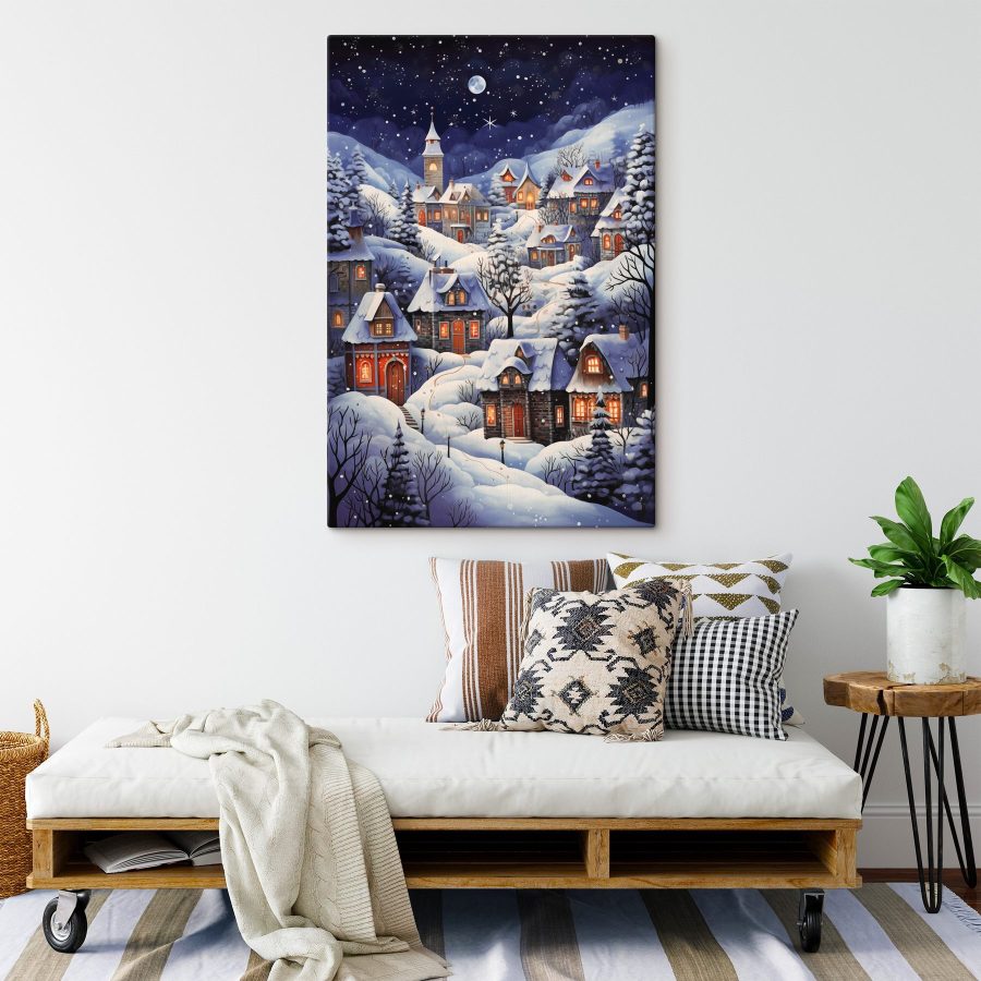 Schilderij van een besneeuwd dorp