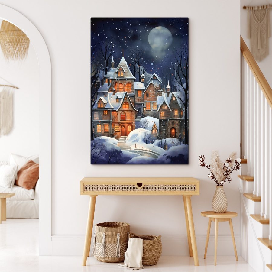 Besneeuwde huizen in een besneeuwd bos