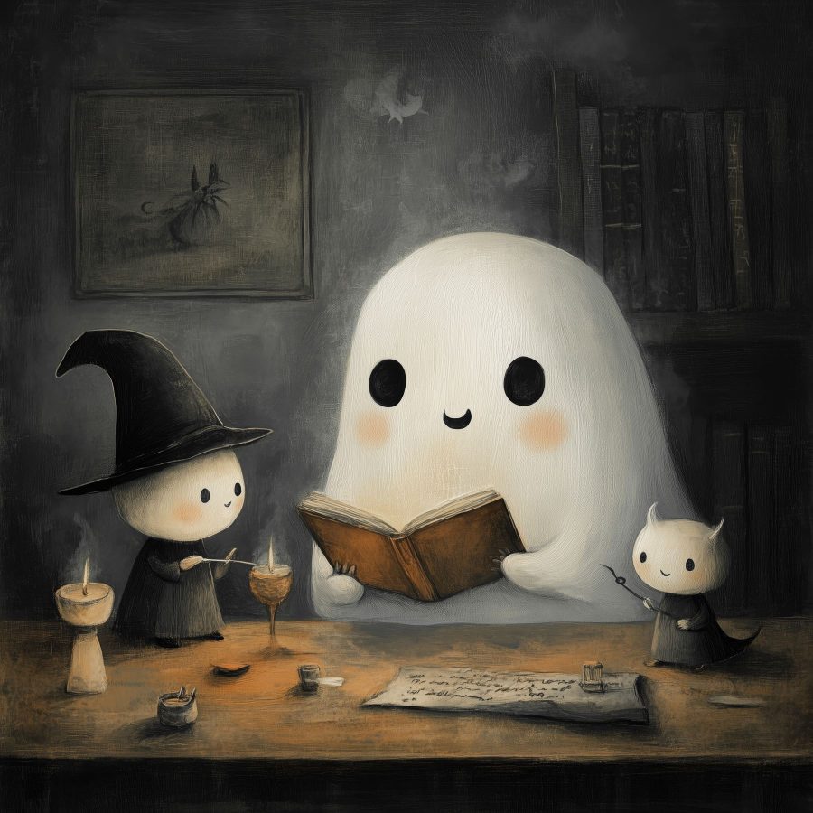Spook dat een boek leest met twee kleine mensen