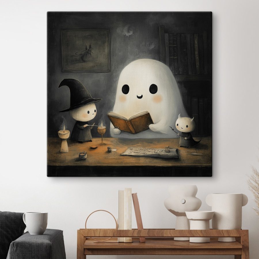 Spook dat een boek leest met twee kleine mensen